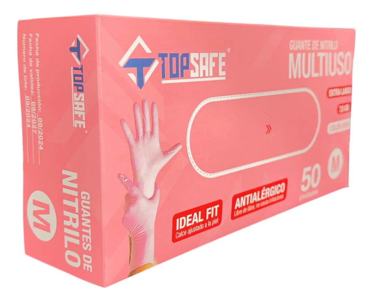 Guante De Nitrilo 7 grs Topsafe Rosado Extra Largo 30 Cms (50 Uds)