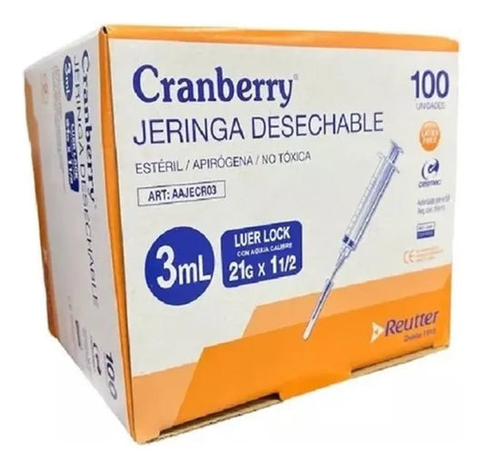 Jeringa Desechable Luer Lock Cranberry 3cc 21G x 1½ – Caja de 100 Unidades