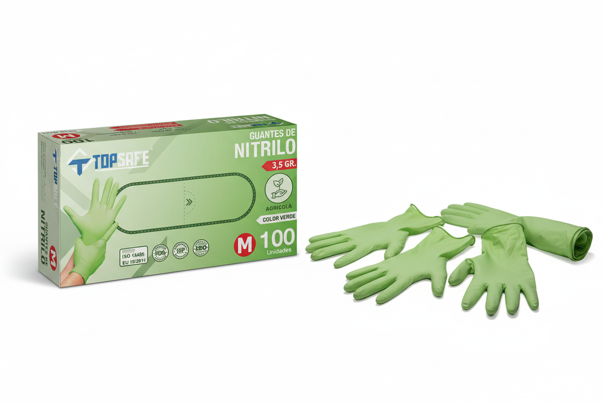 Caja Topsafe con guantes nitrilo verde y certificaciones ISO FDA ISP