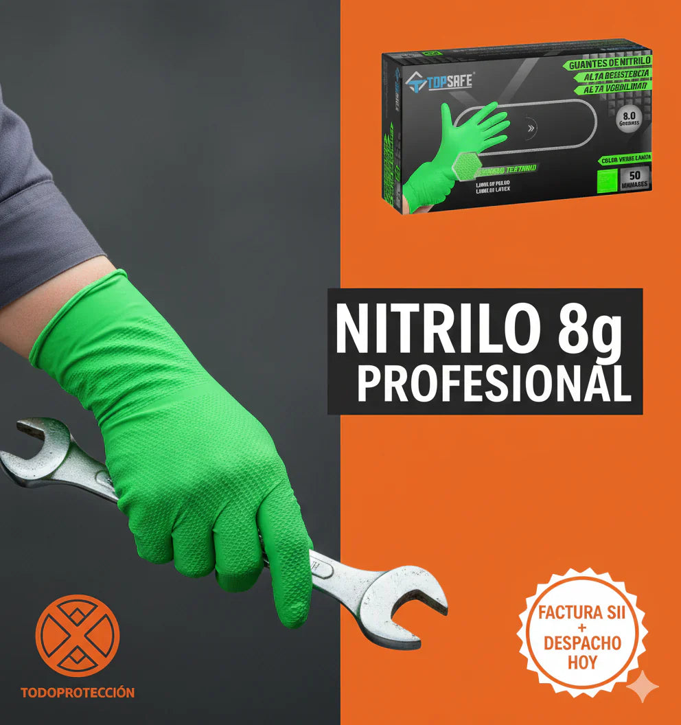 Guante de Nitrilo Verde Flúor 8g: Máxima Resistencia para el Trabajo Pesado