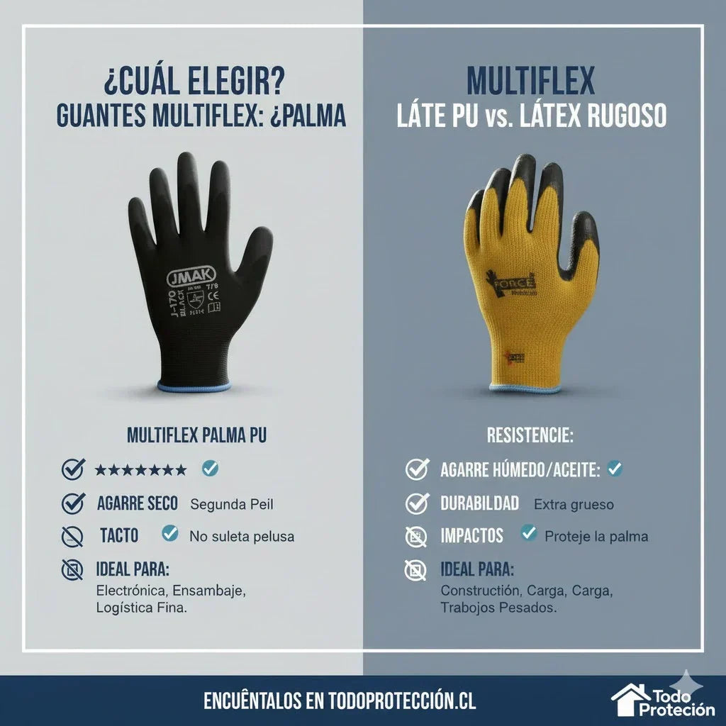 Comparativa de guantes de seguridad industrial: a la izquierda el Guante Multiflex de Látex Rugoso color amarillo para trabajos pesados, y a la derecha el Guante Multiflex Palma PU color negro para trabajos de precisión.