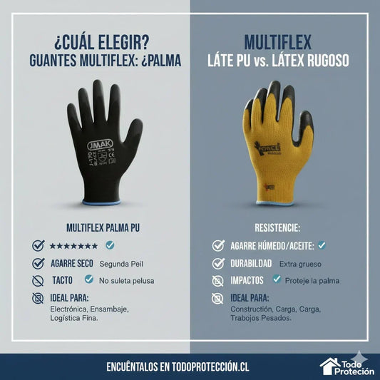 Comparativa de guantes de seguridad industrial: a la izquierda el Guante Multiflex de Látex Rugoso color amarillo para trabajos pesados, y a la derecha el Guante Multiflex Palma PU color negro para trabajos de precisión.