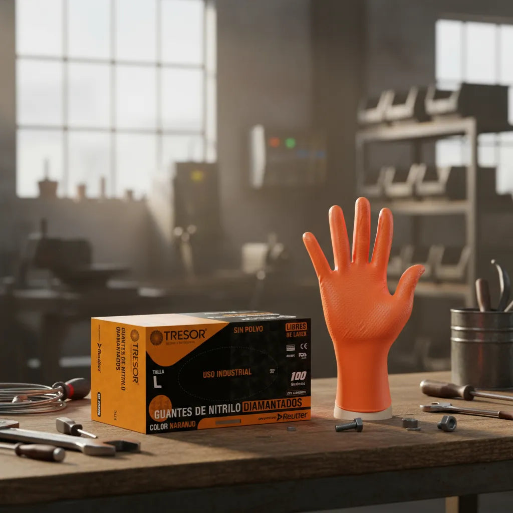 Guantes de Nitrilo Naranjo Tresor - Embalaje 10 Cajas (1000 Unid) - Formato Mayorista Alta Resistencia