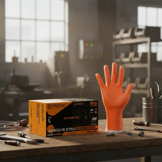 Guantes de Nitrilo Naranjo Tresor - Embalaje 10 Cajas (1000 Unid) - Formato Mayorista Alta Resistencia