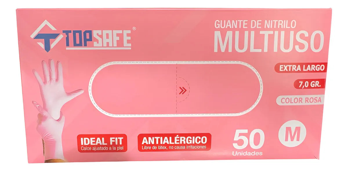 Guante De Nitrilo 7 grs Topsafe Rosado Extra Largo 30 Cms (50 Uds)