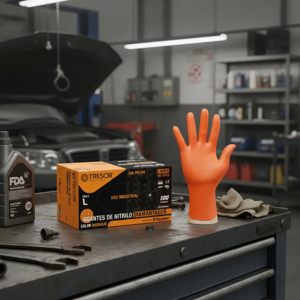 Guantes de Nitrilo Naranjo Tresor - Embalaje 10 Cajas (1000 Unid) - Formato Mayorista Alta Resistencia