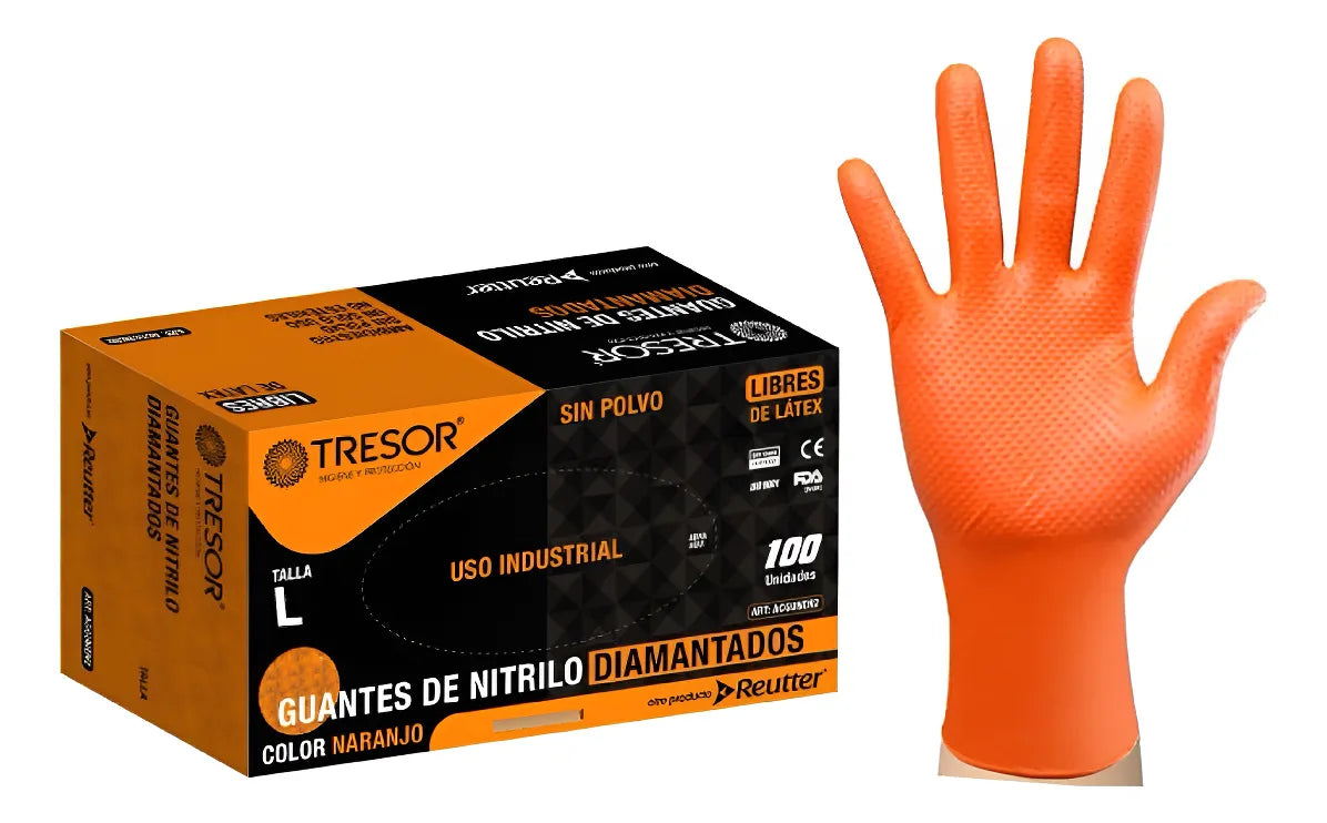 Guantes de Nitrilo Naranjo Tresor - Embalaje 10 Cajas (1000 Unid) - Formato Mayorista Alta Resistencia