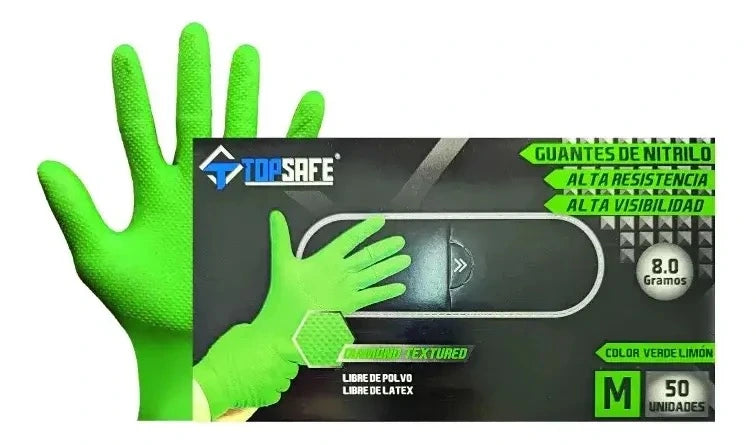 Guante Nitrilo Verde Flúor 8 Gr TopSafe | Texturizado, Extra Resistente y Sin Látex