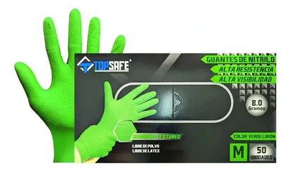Guante Nitrilo Verde Flúor 8 Gr TopSafe | Texturizado, Extra Resistente y Sin Látex