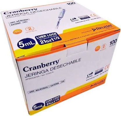 Jeringa Desechable Luer Lock Cranberry 5cc 21G x 1½ – Caja de 100 Unidades