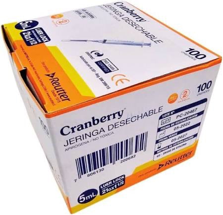 Jeringa Desechable Luer Lock Cranberry 5cc 21G x 1½ – Caja de 100 Unidades