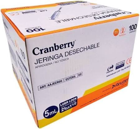 Jeringa Desechable Luer Lock Cranberry 5cc 21G x 1½ – Caja de 100 Unidades