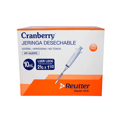 Jeringa Desechable Luer Lock Cranberry 10cc 21G x 1½ – Caja de 100 Unidades