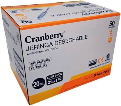 Jeringa Desechable Luer Lock Cranberry 20cc 21G x 1½ – Caja de 50 Unidades