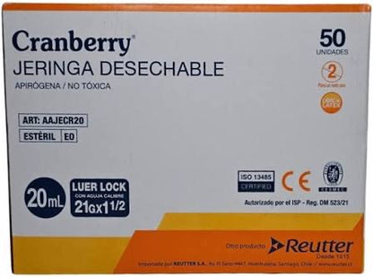 Jeringa Desechable Luer Lock Cranberry 20cc 21G x 1½ – Caja de 50 Unidades