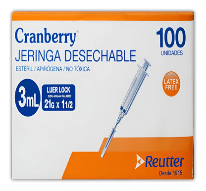 Jeringa Desechable Luer Lock Cranberry 3cc 21G x 1½ – Caja de 100 Unidades
