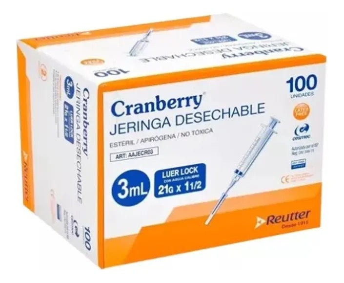 Jeringa Desechable Luer Lock Cranberry 3cc 21G x 1½ – Caja de 100 Unidades