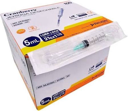 Jeringa Desechable Luer Lock Cranberry 5cc 21G x 1½ – Caja de 100 Unidades