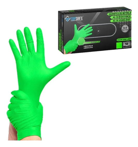 Guante Nitrilo Verde Flúor 8 Gr TopSafe | Texturizado, Extra Resistente y Sin Látex
