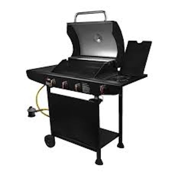 Parrilla a Gas Grilltech 3 Quemadores + 1 Lateral color negro con tapa abierta
