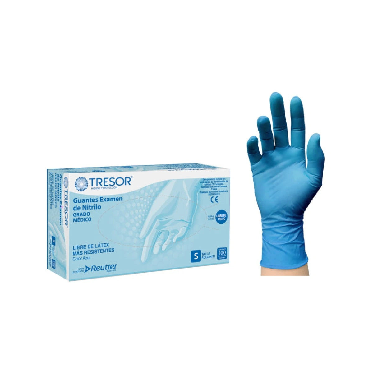 Caja 100 Guantes de Examen de Nitrilo Azul Sin Polvo Tresor