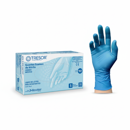 Guante de nitrilo azul Tresor sin polvo junto a su caja de 100 unidades