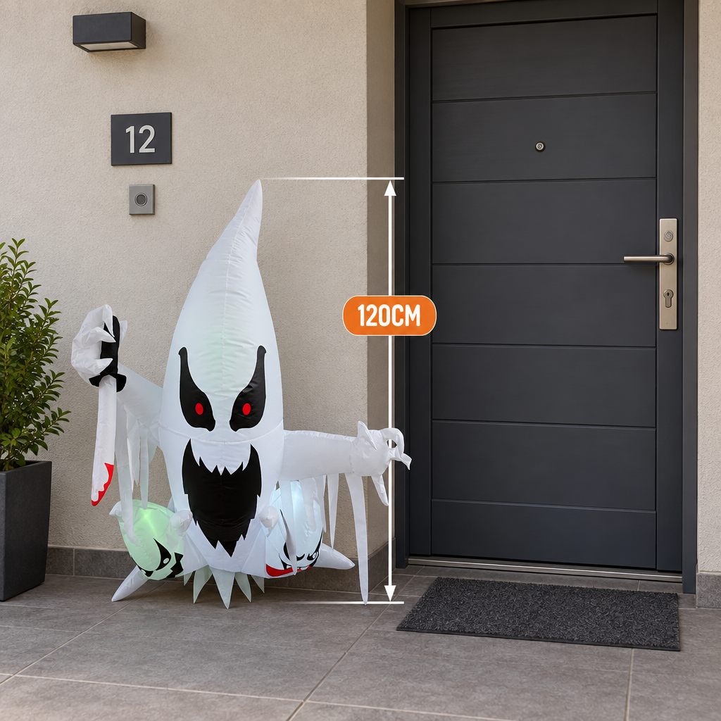 Fantasma inflable de 120 cm junto a la puerta de un departamento