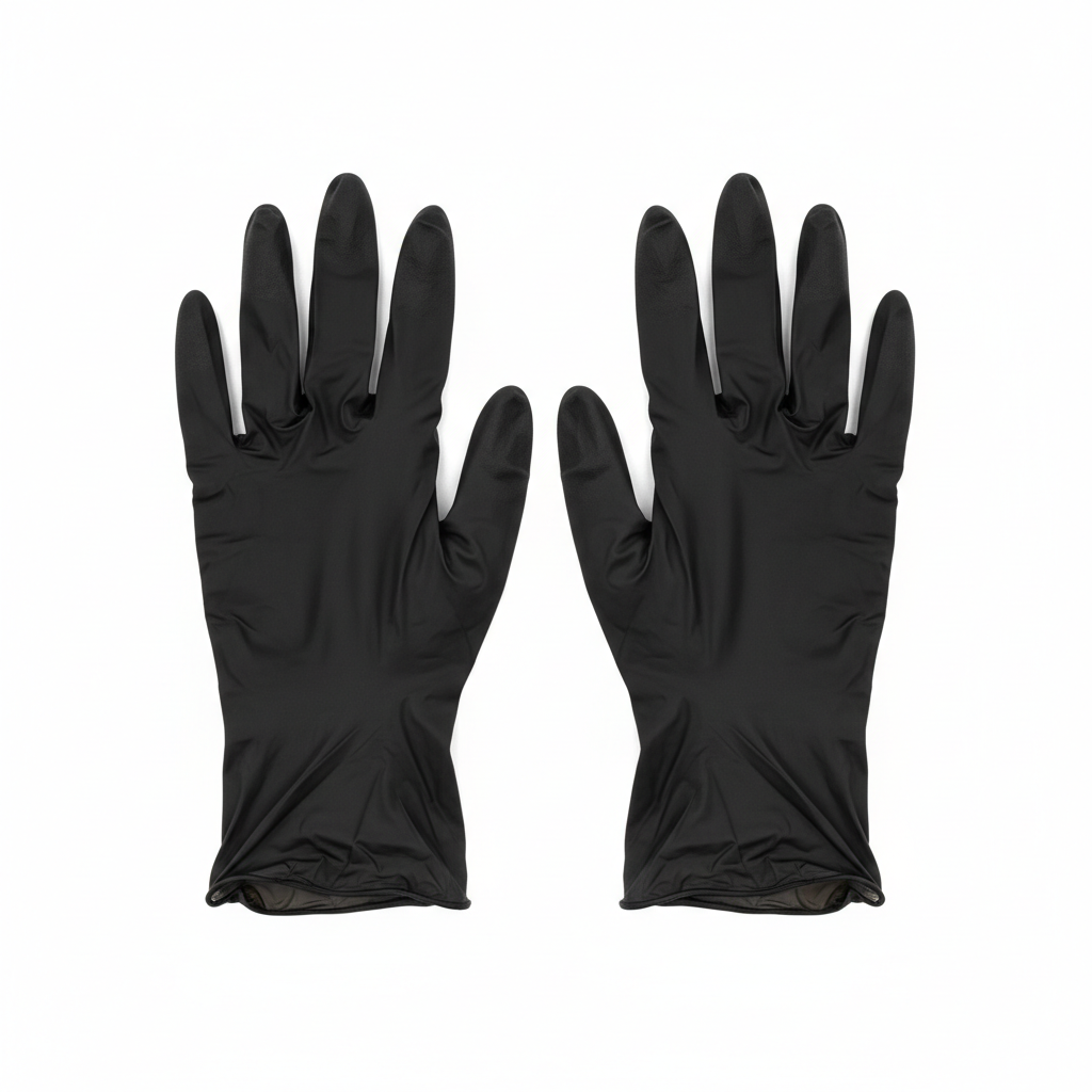 Par de guantes de examen de nitrilo negro Tresor sobre fondo blanco