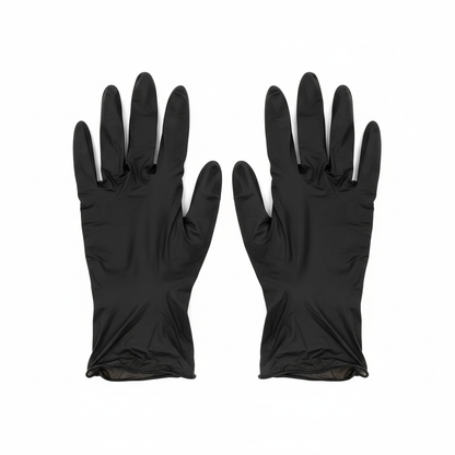 Par de guantes de examen de nitrilo negro Tresor sobre fondo blanco