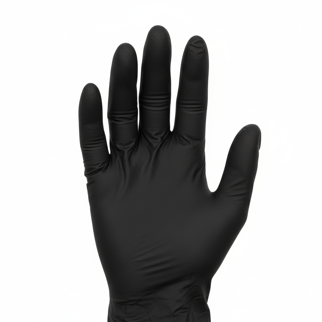 Detalle de la palma de un guante de examen de nitrilo negro Tresor