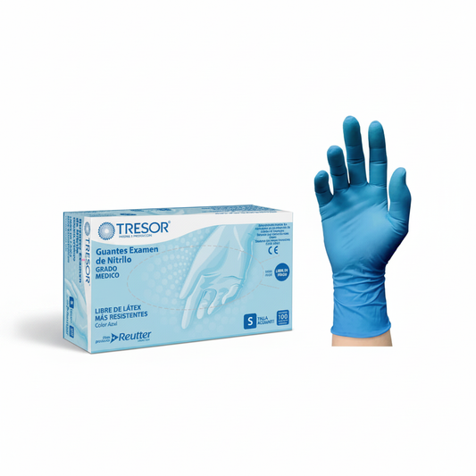 Guante de nitrilo azul Tresor junto a caja de 100 unidades, vista frontal