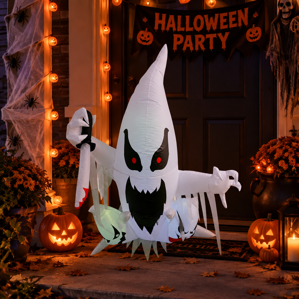 Fantasma inflable en la entrada de una fiesta de Halloween de noche