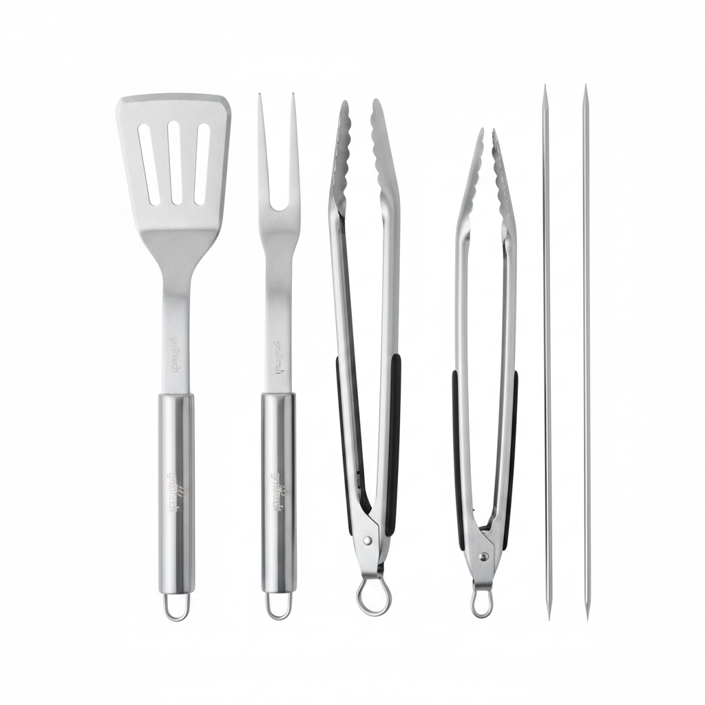 Kit Parrillero Grilltech utensilios fuera de caja acero inoxidable