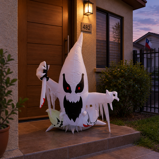 Inflable Halloween fantasma 120 cm en la puerta de una casa al atardecer