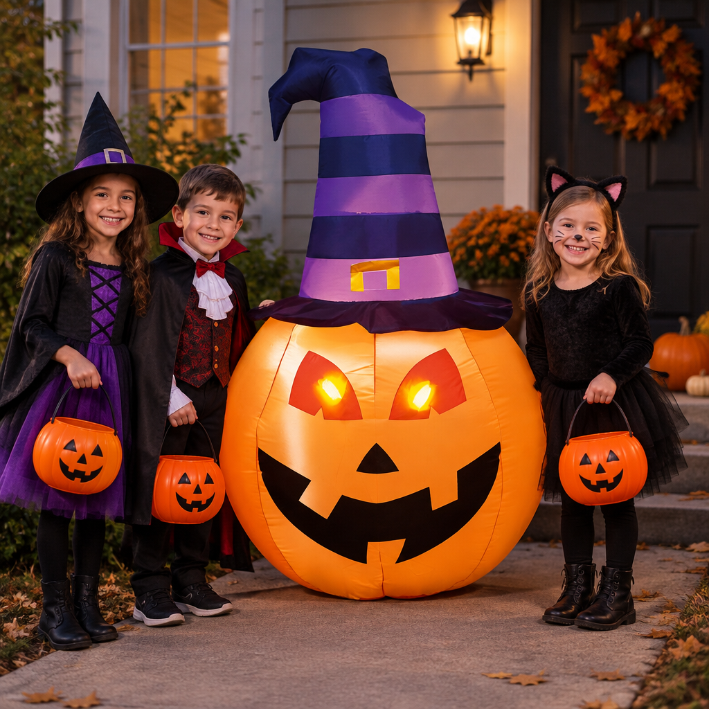 Niños disfrazados junto a la calabaza inflable de Halloween