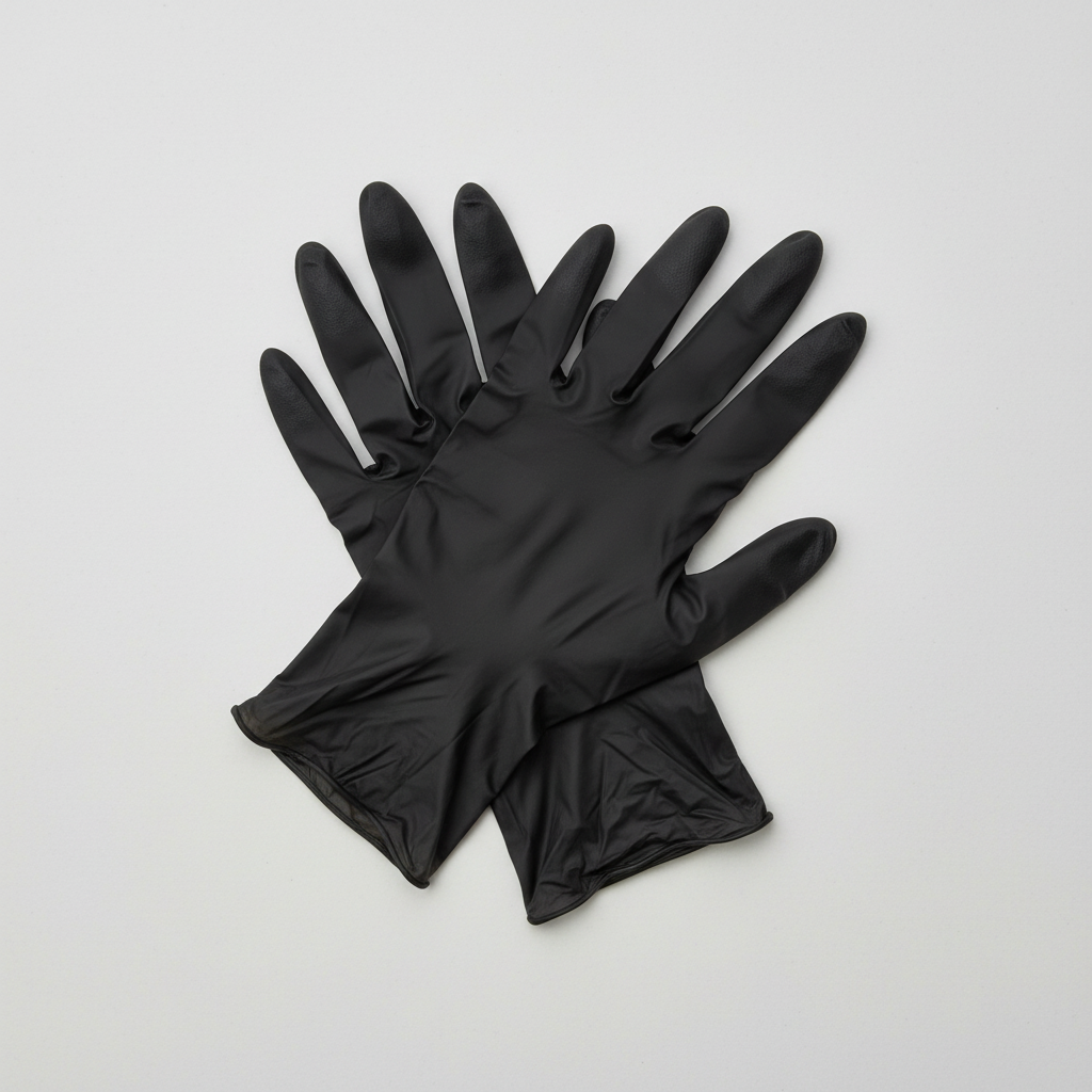Par de guantes de nitrilo negro Tresor en vista diagonal sobre fondo neutro