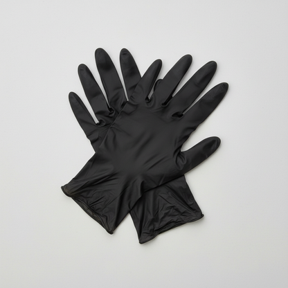Par de guantes de nitrilo negro Tresor en vista diagonal sobre fondo neutro
