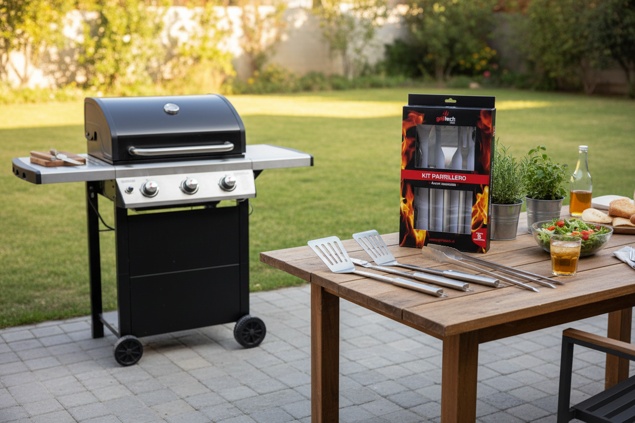 Kit Parrillero Grilltech junto a parrilla a gas exterior