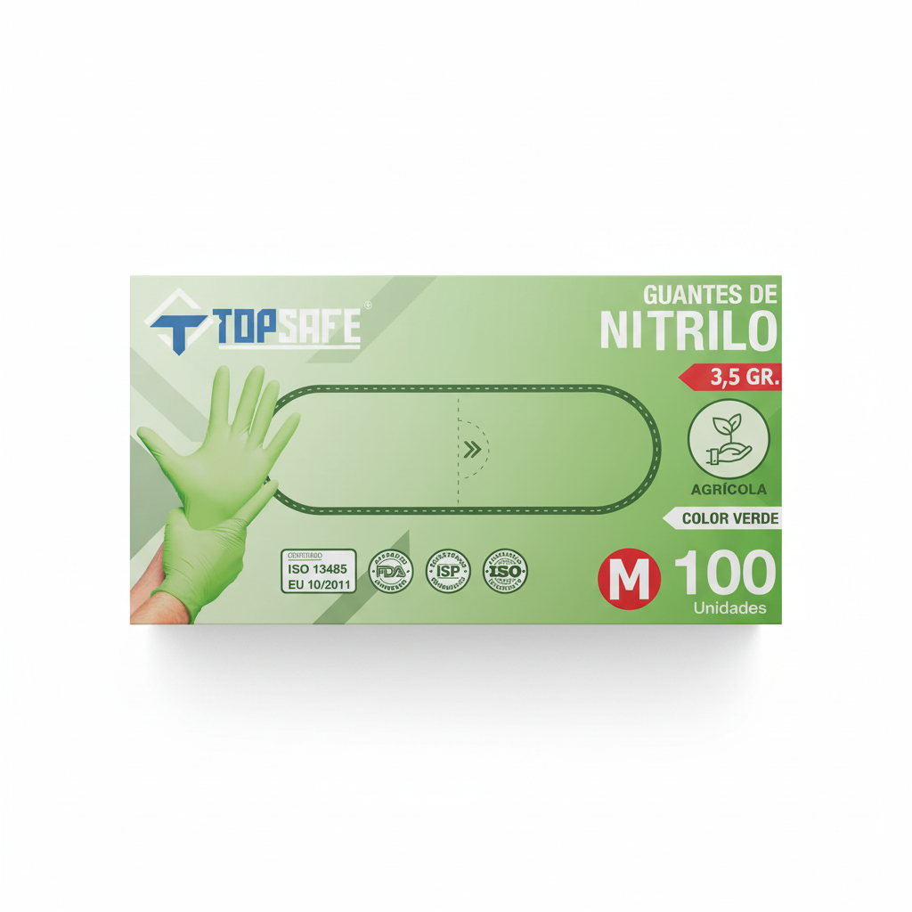 Caja Topsafe guantes nitrilo verde 100 unidades vista superior