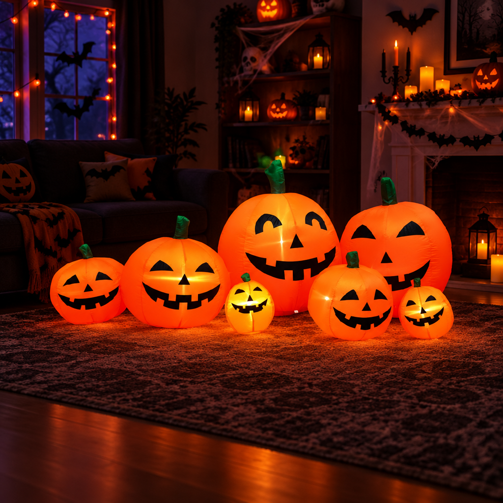 Inflable de calabazas en living decorado para fiesta de Halloween