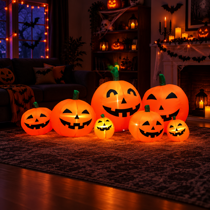 Inflable de calabazas en living decorado para fiesta de Halloween