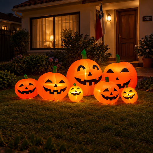 Inflable Halloween calabazas 210 cm con luz LED en antejardín de noche