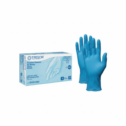 Guantes de nitrilo azul Tresor junto a su caja, presentación de producto