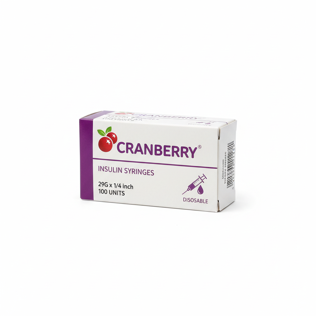 Caja jeringas desechables insulina Cranberry 29G x 1/4 pulgada 100 unidades packaging médico
