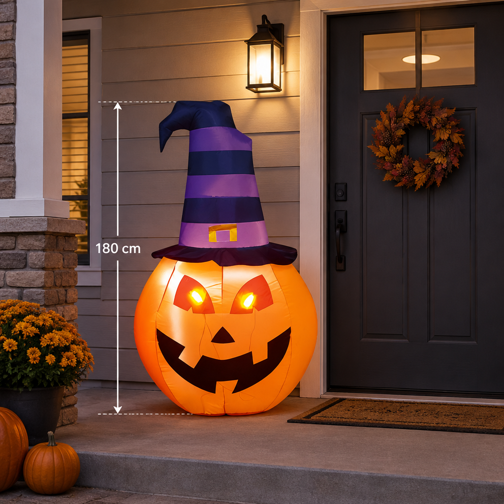 Calabaza inflable de 180 cm junto a la puerta de una casa mostrando su altura