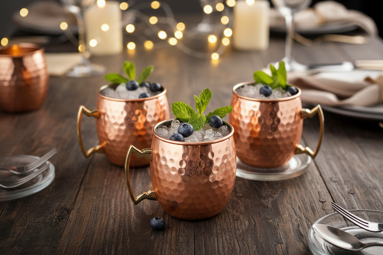 Set 4 mugs de cobre premium en mesa de evento elegante