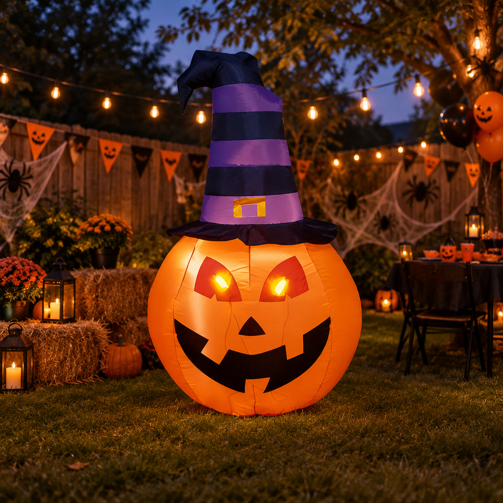 Calabaza inflable decorando fiesta de Halloween en el patio