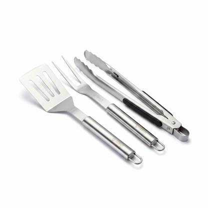Kit Parrillero Grilltech espátula pinzas y tenedor acero inoxidable