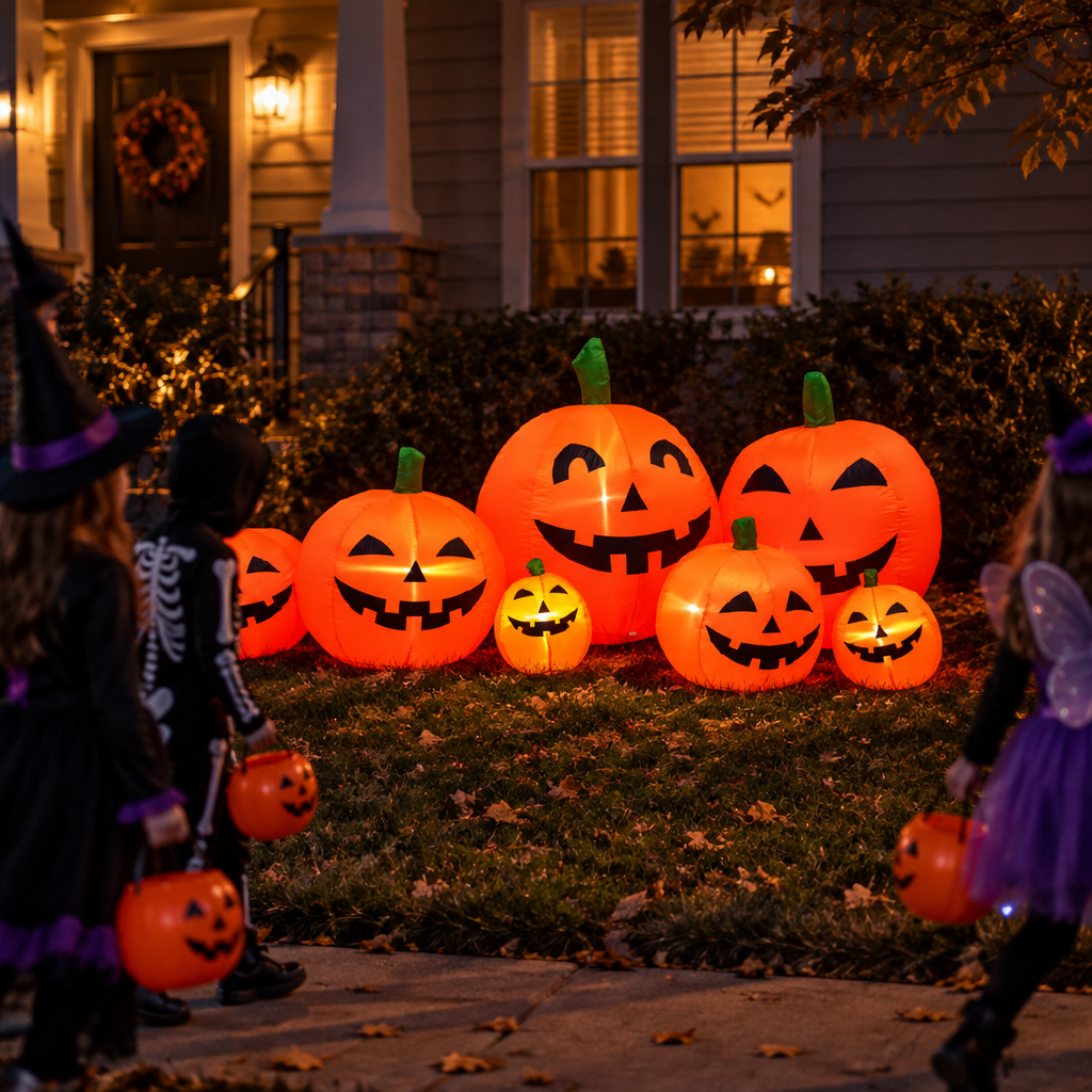 Niños disfrazados junto al inflable de calabazas en Halloween