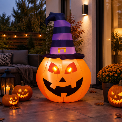 Calabaza inflable de Halloween en terraza con calabazas talladas